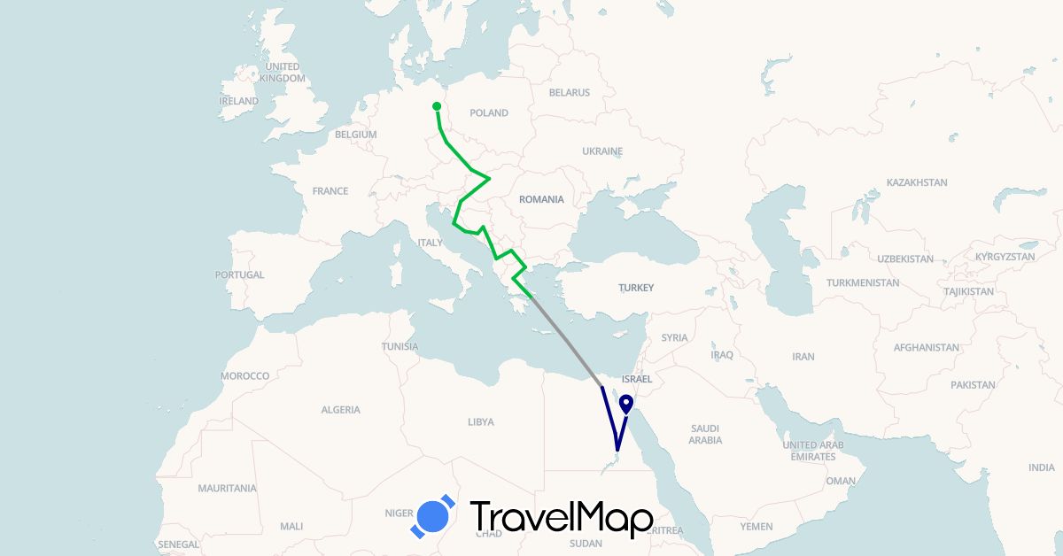TravelMap itinerary: driving, bus, plane in Albania, Bosnia and Herzegovina, Czech Republic, Germany, Egypt, Greece, Croatia, Hungary, Montenegro, Macedonia, Slovakia (Africa, Europe)