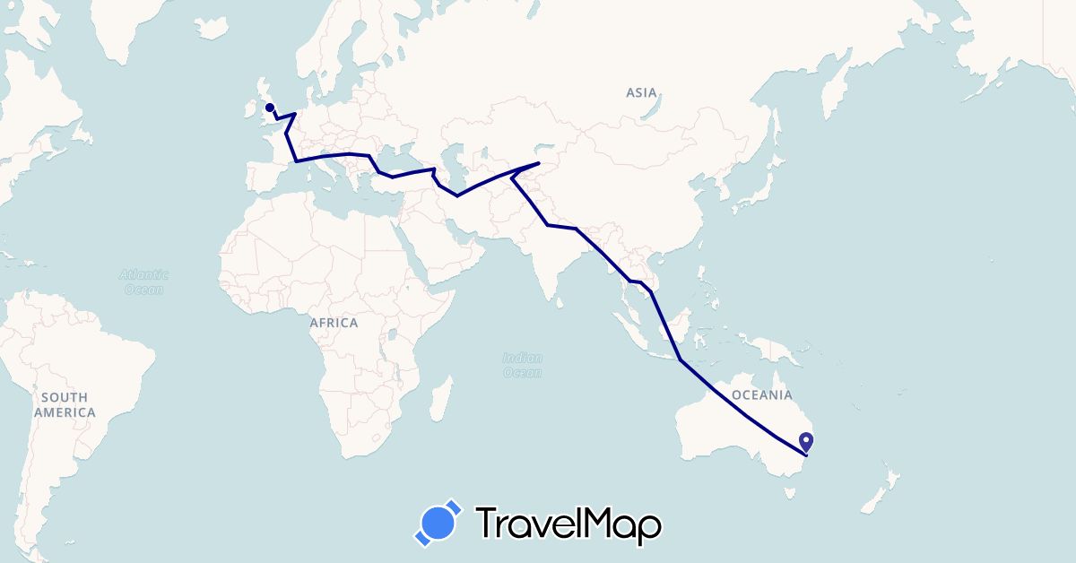 TravelMap itinerary: driving in Armenia, Australia, France, United Kingdom, Georgia, Indonesia, India, Iran, Kyrgyzstan, Cambodia, Netherlands, Nepal, Romania, Serbia, Thailand, Turkey, Uzbekistan, Vietnam (Asia, Europe, Oceania)